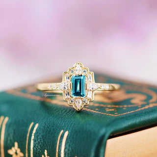 Art Deco London Blue Topaz Ring in 14K Yellow Gold Vermeil