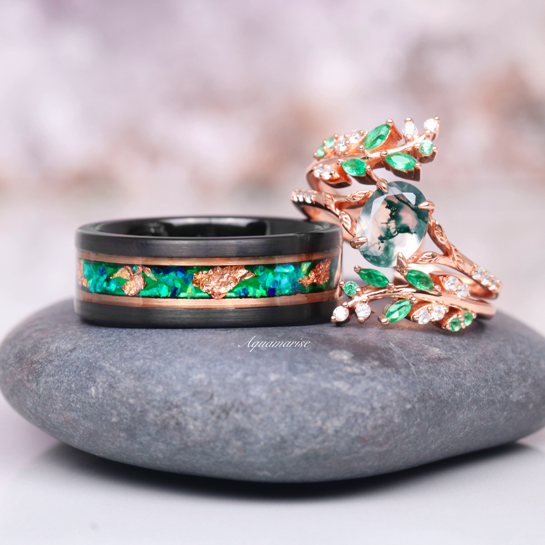 Green Fire Opal & Rose Gold Leaf Wedding Band- 6MM or 8MM Rose Gold Black Tungsten