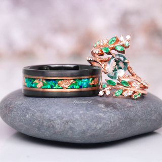 Green Fire Opal & Moss Agate Leaf Couples Ring Set