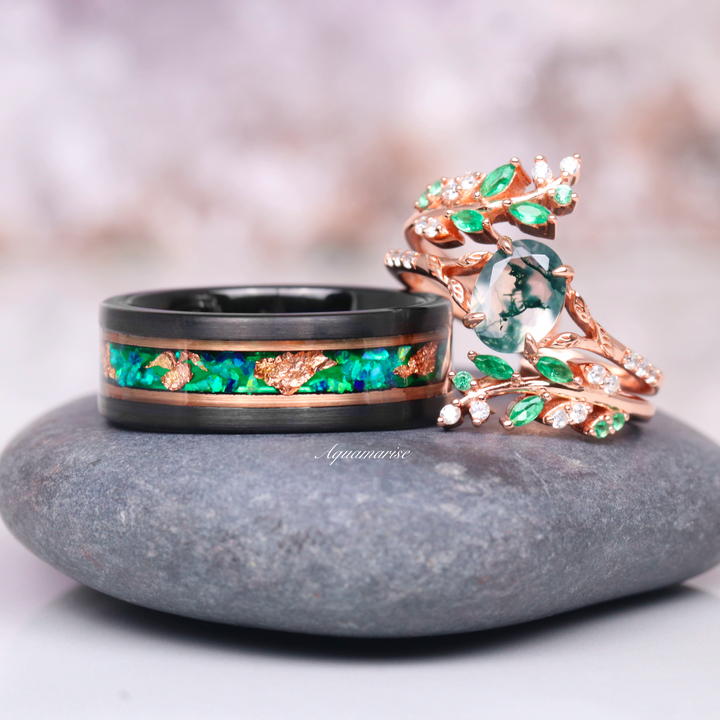 Green Fire Opal & Rose Gold Leaf Wedding Band- 8MM Rose Gold Black Tungsten