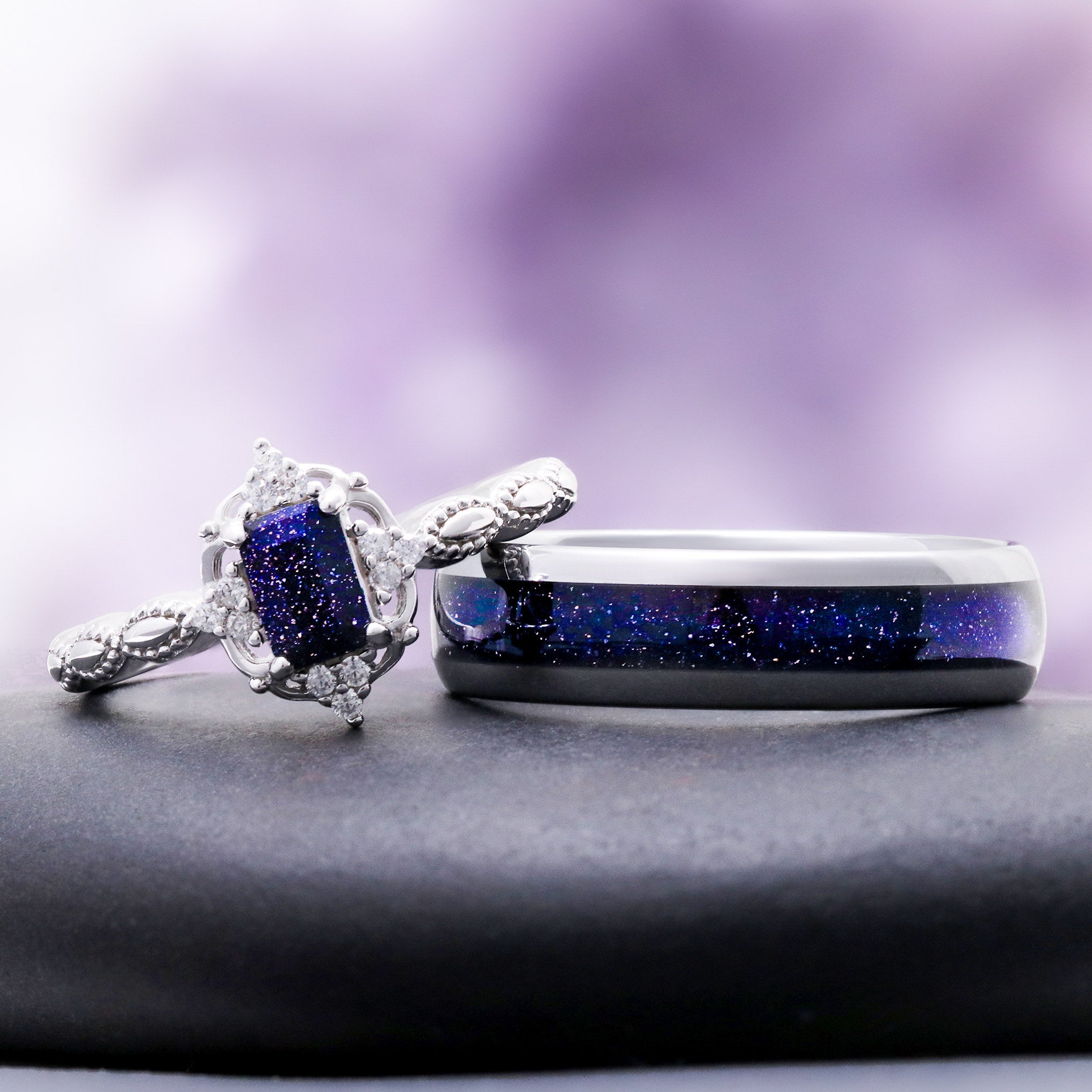 Emerald Cut Blue Sandstone Couples Ring Set | Silver – Aquamarise