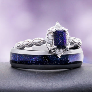 Vintage-style galaxy sandstone ring stacked on the blue goldstone inlay band in silver tungsten