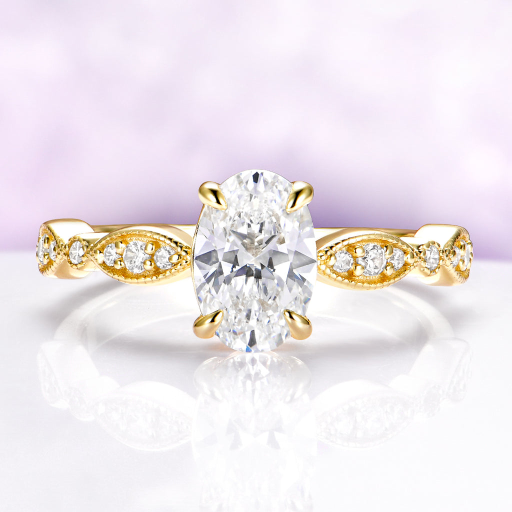 Vintage Moissanite Engagement Ring | 14K Solid Gold Oval Pavé Ring ...