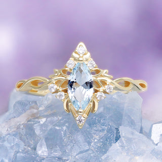 Siren Queen Marquise Aquamarine Lotus Engagement Ring in Solid 14K Yellow Gold