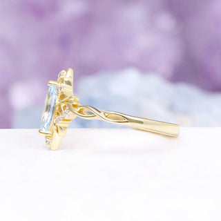 Siren Queen Marquise Aquamarine Lotus Engagement Ring in Solid 14K Yellow Gold