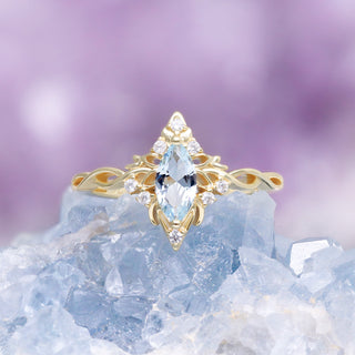 Siren Queen Marquise Aquamarine Lotus Engagement Ring in Solid 14K Yellow Gold