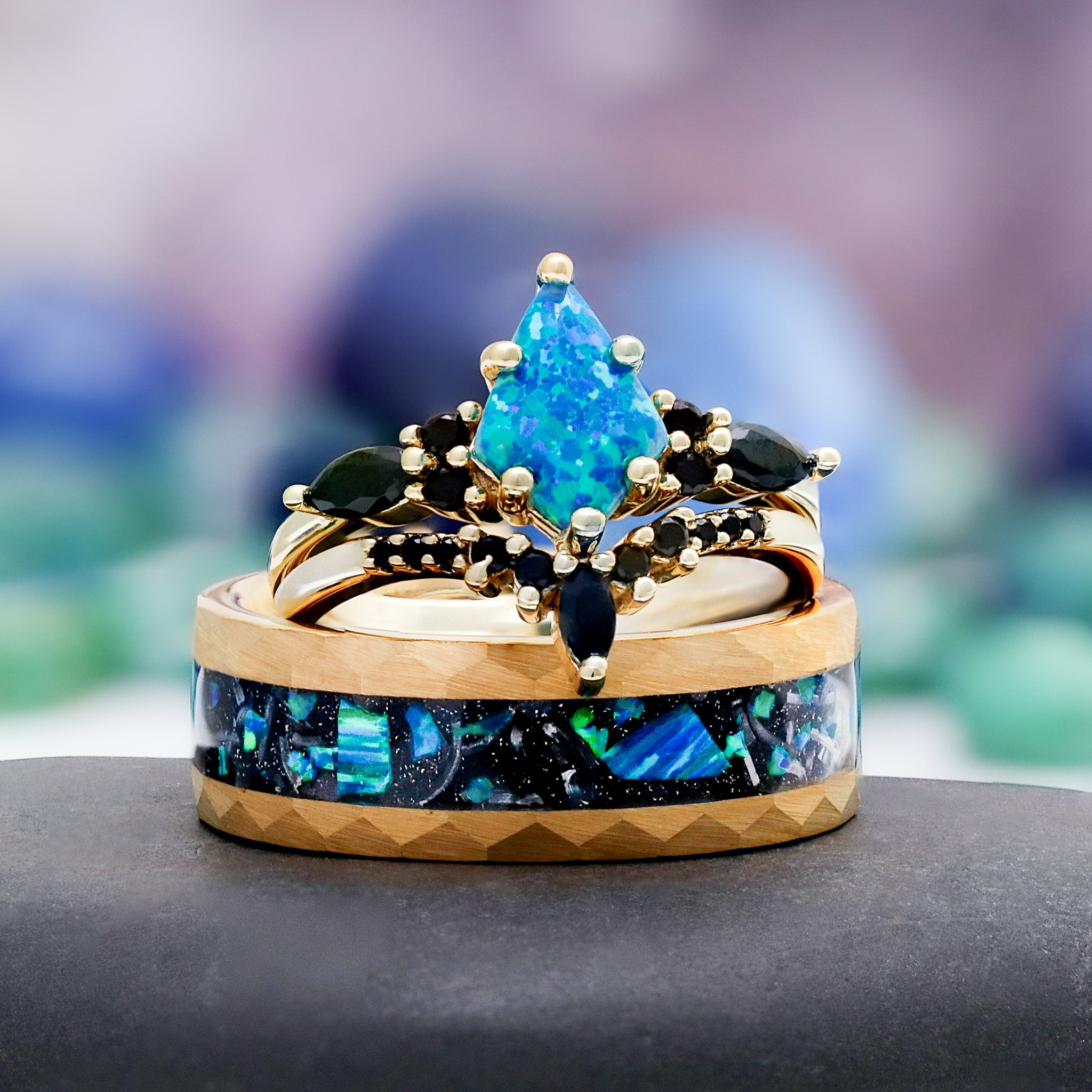 Kite Cut Blue Opal & Onyx Ring Set | Gold Vermeil – Aquamarise