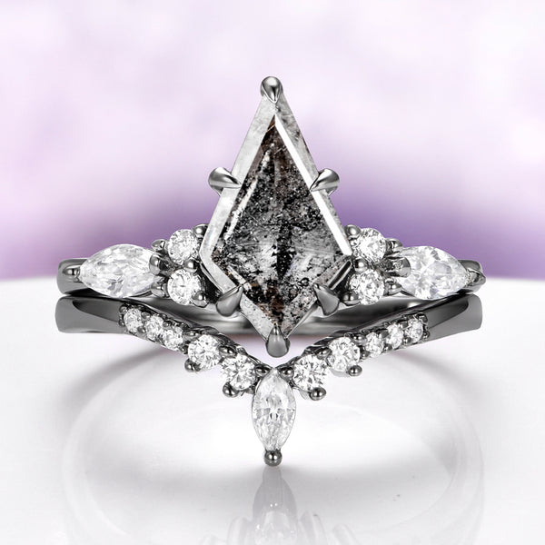 Skye Kite® Galaxy Herkimer Diamond & Meteorite Couples Ring Set by Aquamarise, featuring a marquise Herkimer diamond with white accent stones on black ruthenium bands.