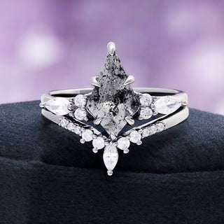 Skye Kite Galaxy Herkimer Diamond Ring Set in Black Ruthenium by Aquamarise, displayed on dark velvet to show the kite-cut Herkimer diamond.