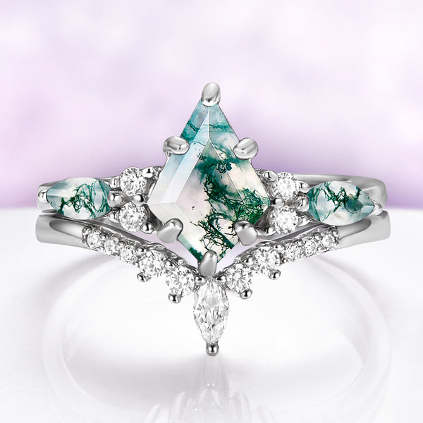Skye Kite® Green Moss Agate Engagement Ring Set in 14K White Gold by Aquamarise Gold featuring a kite-cut moss agate center with diamond accents on a white gold band.