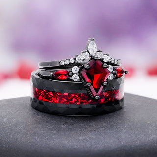 Crushed Red Garnet Men's Wedding Band in Black Tungsten Carbide (8mm)