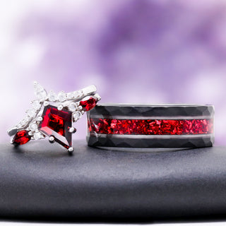 Skye Kite red garnet couples ring set — kite cut garnet ring beside a two-tone garnet inlay band