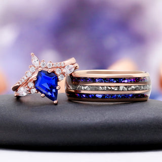 Skye Kite® Cornflower Sapphire Kite Engagement Ring Set- 14K Solid Rose Gold – shown on hand