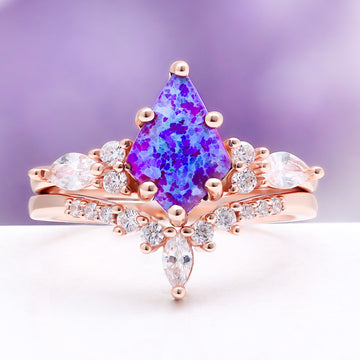 Skye Kite Purple Fire Opal Bridal Ring Set by Aquamarise, close-up of the kite-cut fire opal center stone