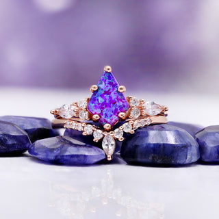 Skye Kite Purple Fire Opal Bridal Ring Set by Aquamarise, shown with the bands separated