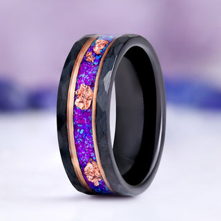 Purple Fire Opal Men's Wedding Band in Black Tungsten Carbide (8mm)