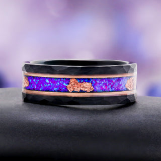 Purple Fire Opal Men's Wedding Band in Black Tungsten Carbide (8mm)