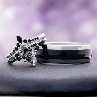 Skye Kite rutilated quartz and black onyx couples ring set shown beside its two-tone tungsten band