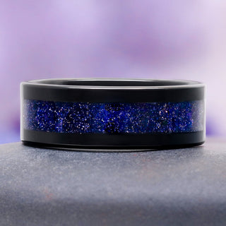 Starry Night Goldstone Inlay Mens Tungsten Ring (8mm) by Aquamarise, polished black tungsten band with deep blue goldstone inlay shimmering with copper and silver sparks.