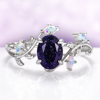Starry Night & Opal Leaf Ring in Sterling Silver