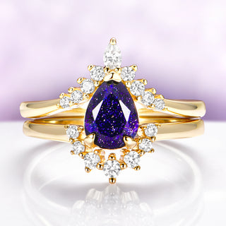 Starry Night Engagement Ring Set in 14K Solid Yellow Gold