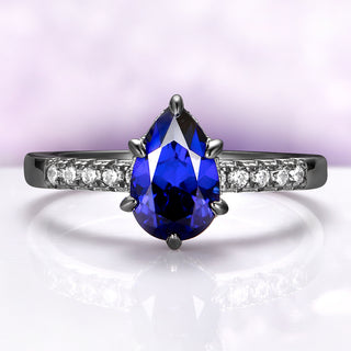 Teardrop Blue Sapphire Engagement Ring in Black Ruthenium (Hidden Halo)