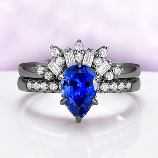 Art Deco Pear Blue Sapphire Ring Set in Black Ruthenium