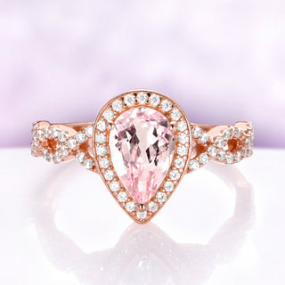 Teardrop Morganite Engagement Ring in 14K Rose Gold Vermeil by Aquamarise, shown alone with a pear-cut blush morganite halo on a twisted pave band.