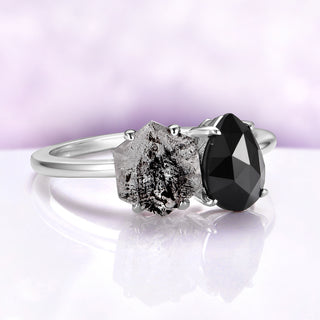 Toi Et Moi Salt & Pepper Herkimer Diamond & Black Onyx Ring in 14K White Gold by Aquamarise Gold, featuring a hexagon Herkimer diamond and pear-shaped black onyx in a gothic design.