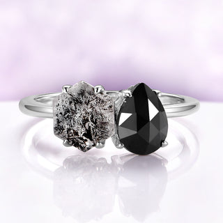 Toi Et Moi Salt & Pepper Herkimer Diamond & Black Onyx Ring in 14K White Gold by Aquamarise Gold, featuring a hexagon-cut Herkimer diamond and pear-cut black onyx in a gothic engagement style.