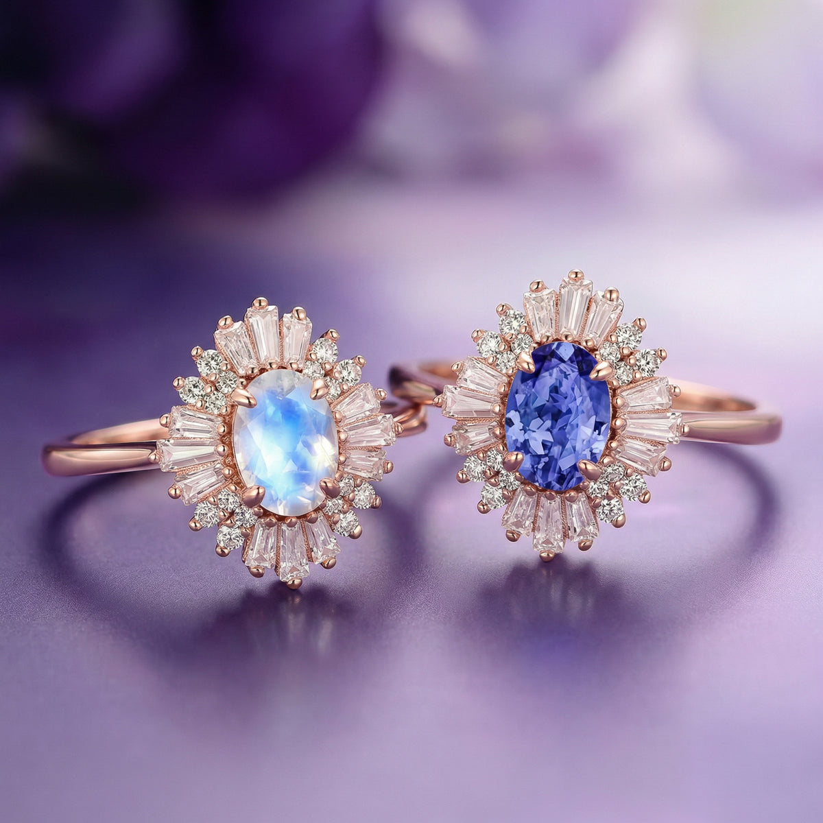 Two rose gold rings with gemstones on a purple background