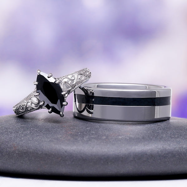 Black Onyx Wedding Ring Set | His and Hers Gothic Victorian Bands