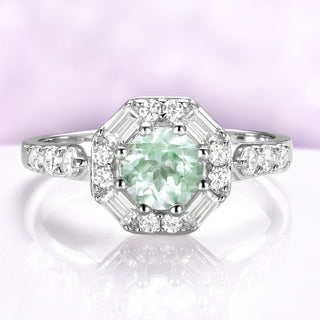 Vintage Octagon Halo Green Amethyst Ring in Sterling Silver by Aquamarise, featuring a 0.85 carat green amethyst center with baguette and round simulated diamond accents in a vintage halo design.