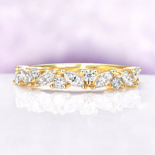 Vintage marquise wedding band in solid gold with natural diamonds or moissanite. Elegant marquise stacking ring.