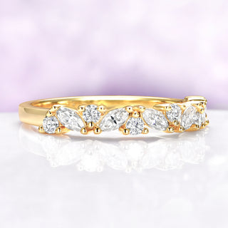 Vintage marquise wedding band in solid gold with natural diamonds or moissanite. Elegant marquise stacking ring.