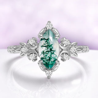 Marquise moss agate engagement ring in sterling silver with crescent moons and leaf shoulders