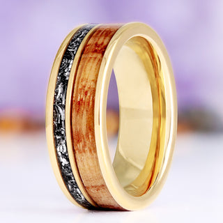 Whiskey barrel and meteorite men's wedding band — oak and meteorite inlay in 8mm yellow gold tungsten
