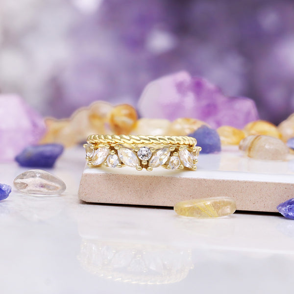 Willow Vintage Marquise Wedding Band in Solid 14K Yellow Gold by Aquamarise Gold, featuring marquise and round gemstones in a delicate leaf-inspired design.