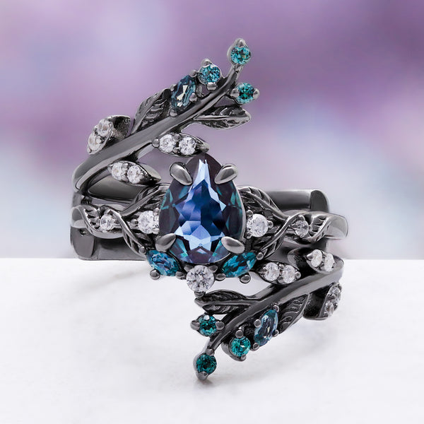 Wisteria alexandrite fairy leaf two piece ring set in black ruthenium