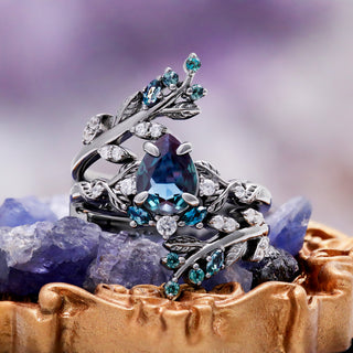 Wisteria Alexandrite Fairy Leaf Ring in Black Ruthenium (Two Piece)