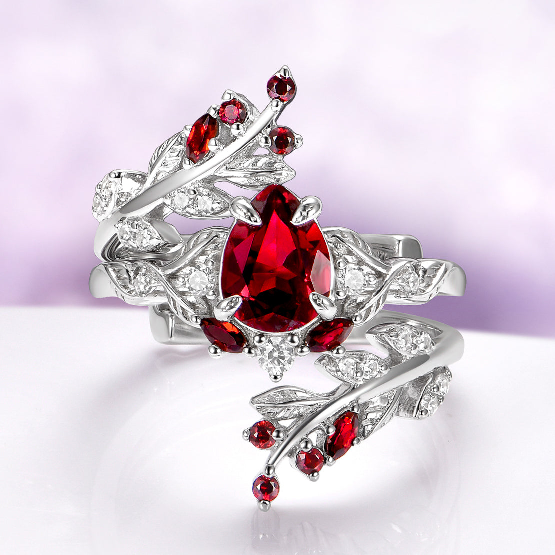 Wisteria Red Garnet Leaf Couples Ring Set | January Birthstone