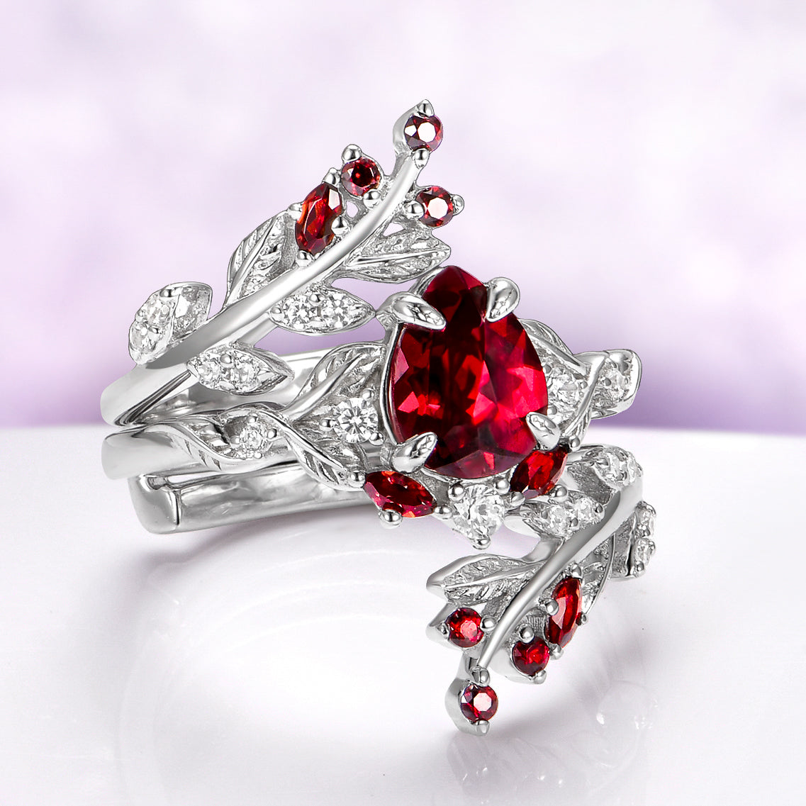 Wisteria Natural Red Garnet Leaf Couples Ring Set – Aquamarise