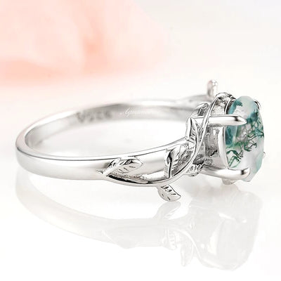 Natural Green Moss Agate Engagement Ring For Women- Nature Inspired Leaf Promise Ring - 925 Sterling Silver