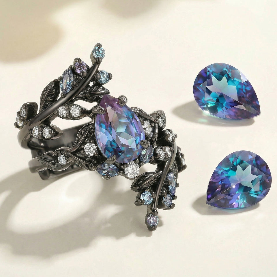 Ornate gothic ring with purple alexandrite gemstones on a light background