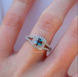 Split Shank Halo Alexandrite Engagement Ring in Sterling Silver
