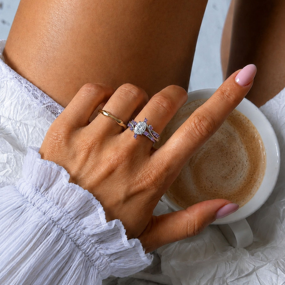 Aquamarise amethyst marquise ring stack