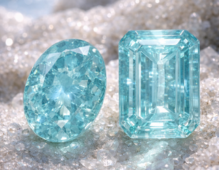 Two blue gemstones on a textured surface