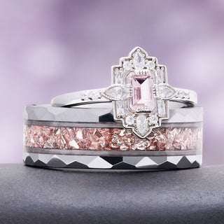 Art Deco emerald-cut morganite engagement ring stacked on the men's faceted band with a crushed morganite inlay