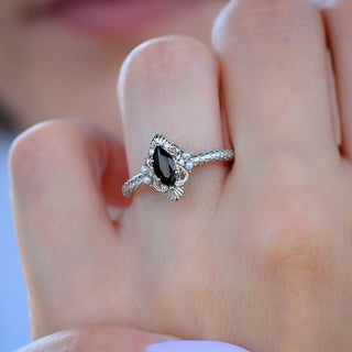 Arwen Black Onyx & Pearl Ring in Sterling Silver worn on the hand