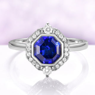 Asscher Cut Art Deco Bezel Set Blue Sapphire Ring in Sterling Silver